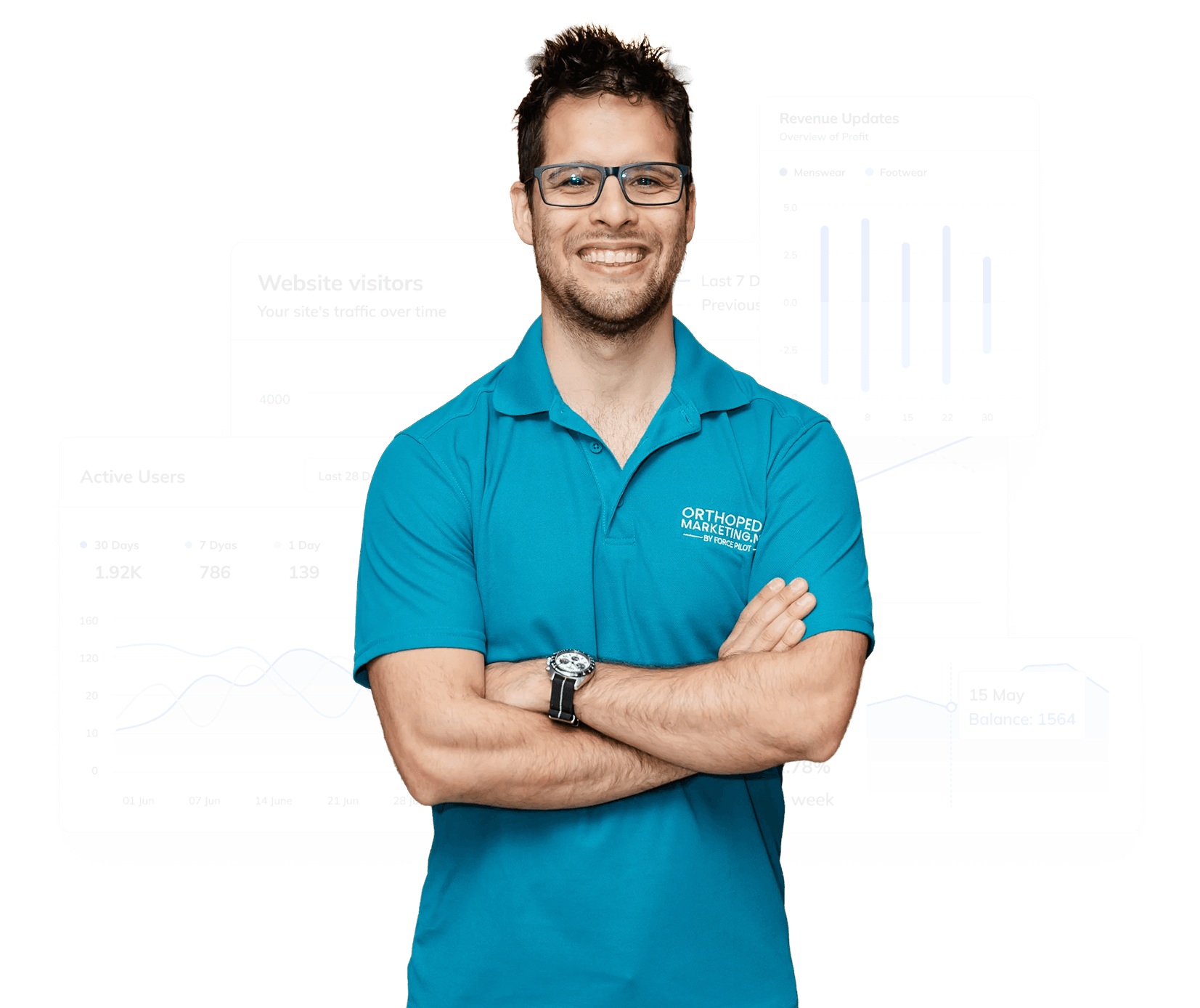 Daxter, co-founder of OrthopedicMarketing.net, smiling in branded teal polo with website analytics background